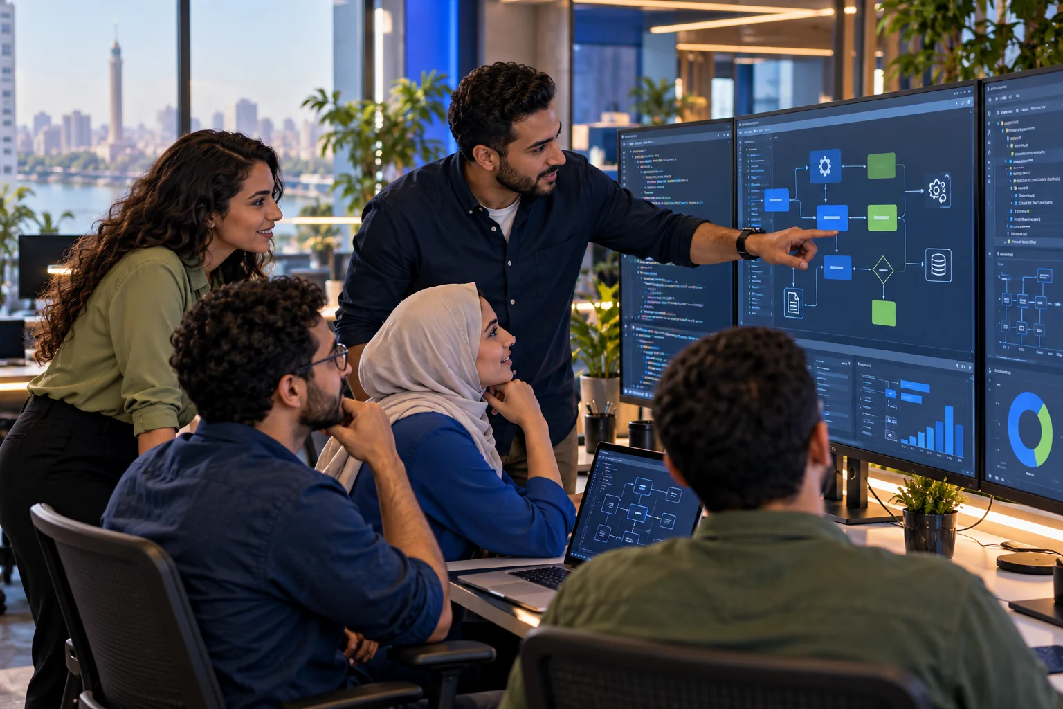 Development team reviewing custom business software