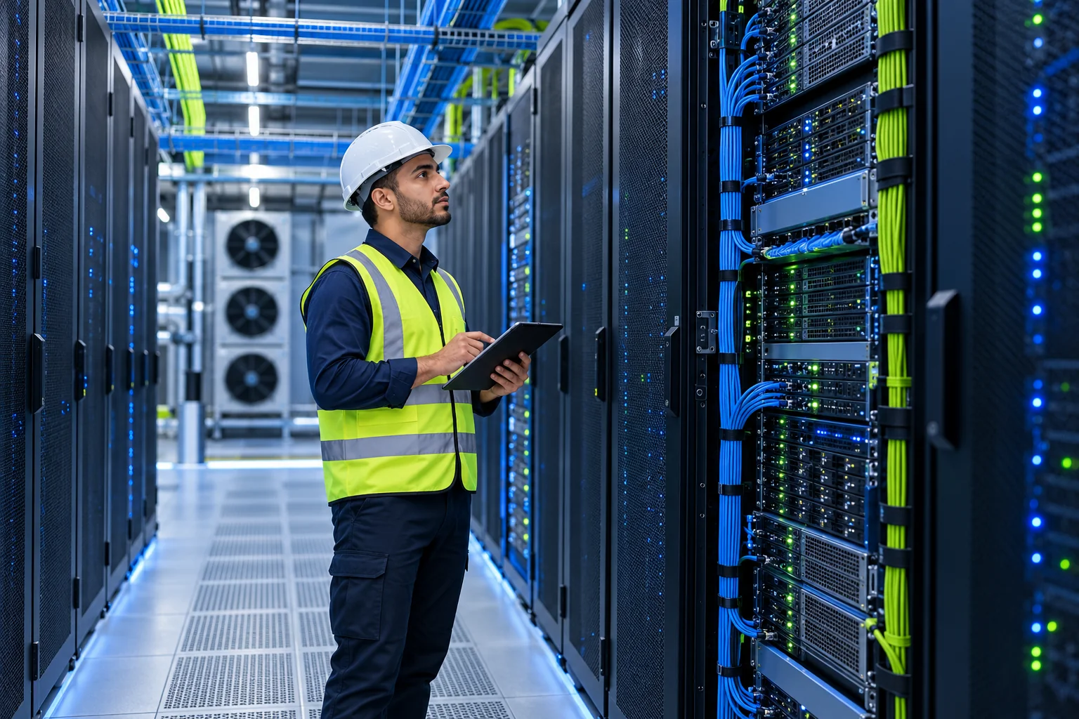 Engineer inspecting servers and cabling in a data center