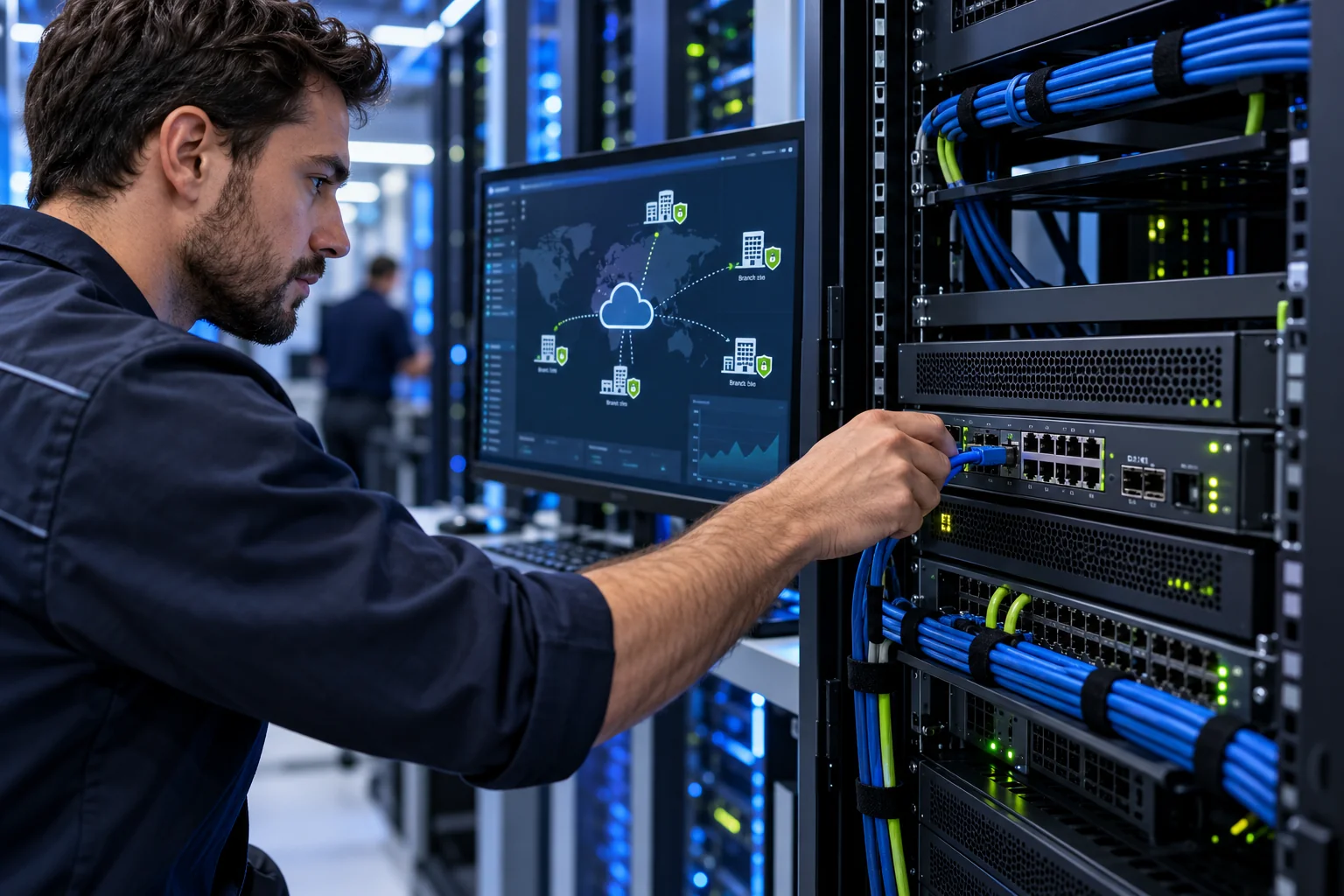Network engineer configuring an enterprise firewall