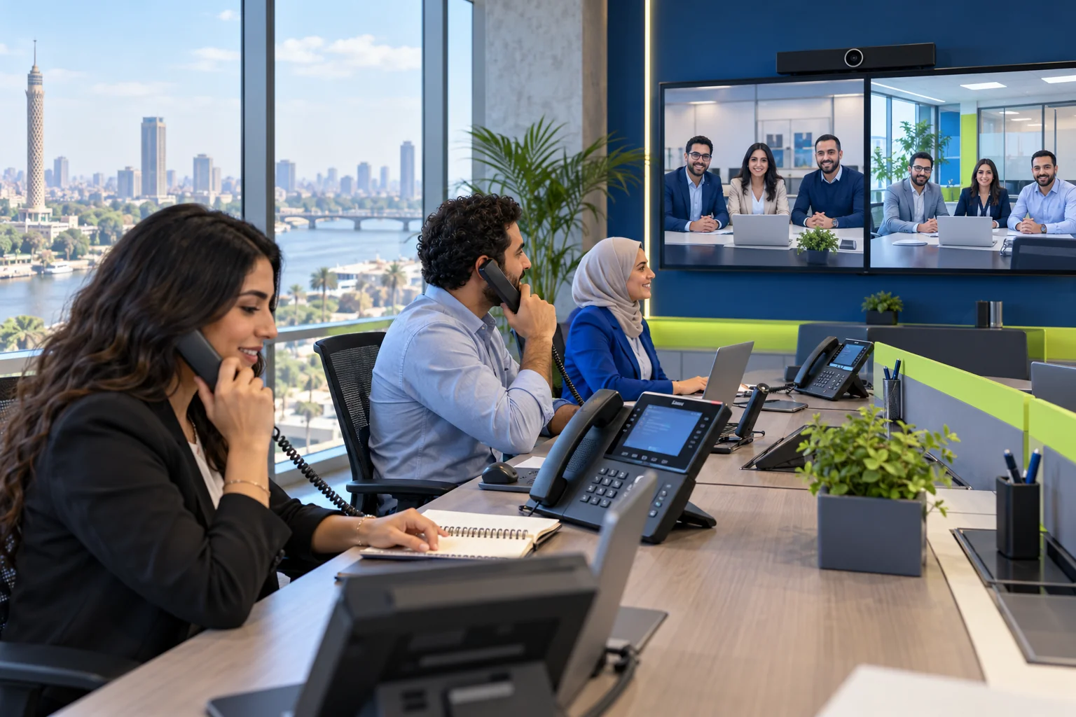 Team using business telephony and video conferencing