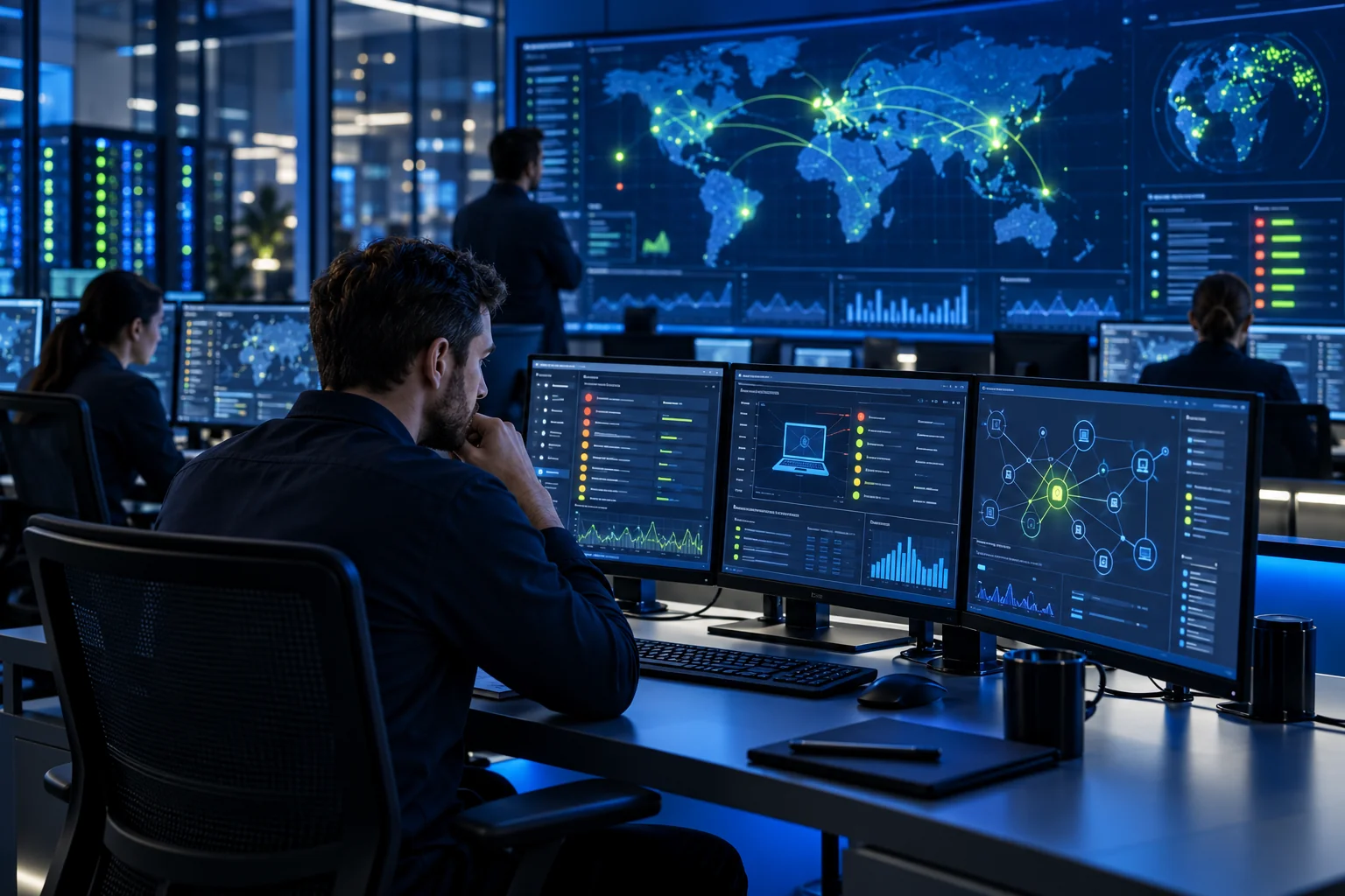 Security analyst monitoring endpoint and network protection