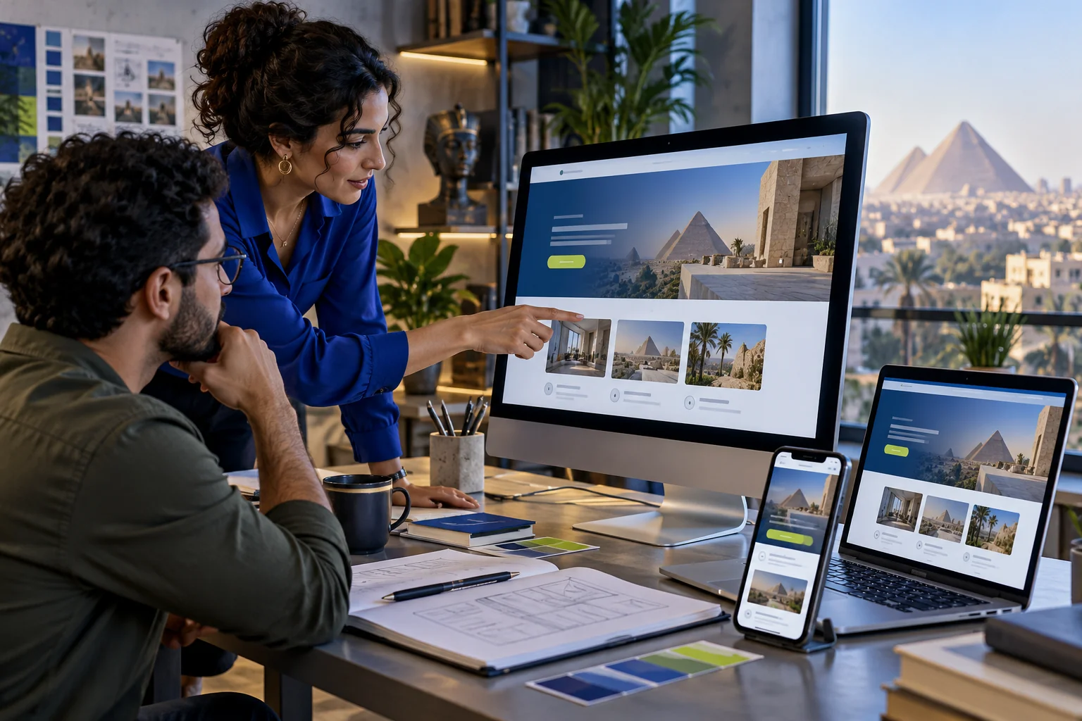 Designer and client reviewing desktop and mobile website designs