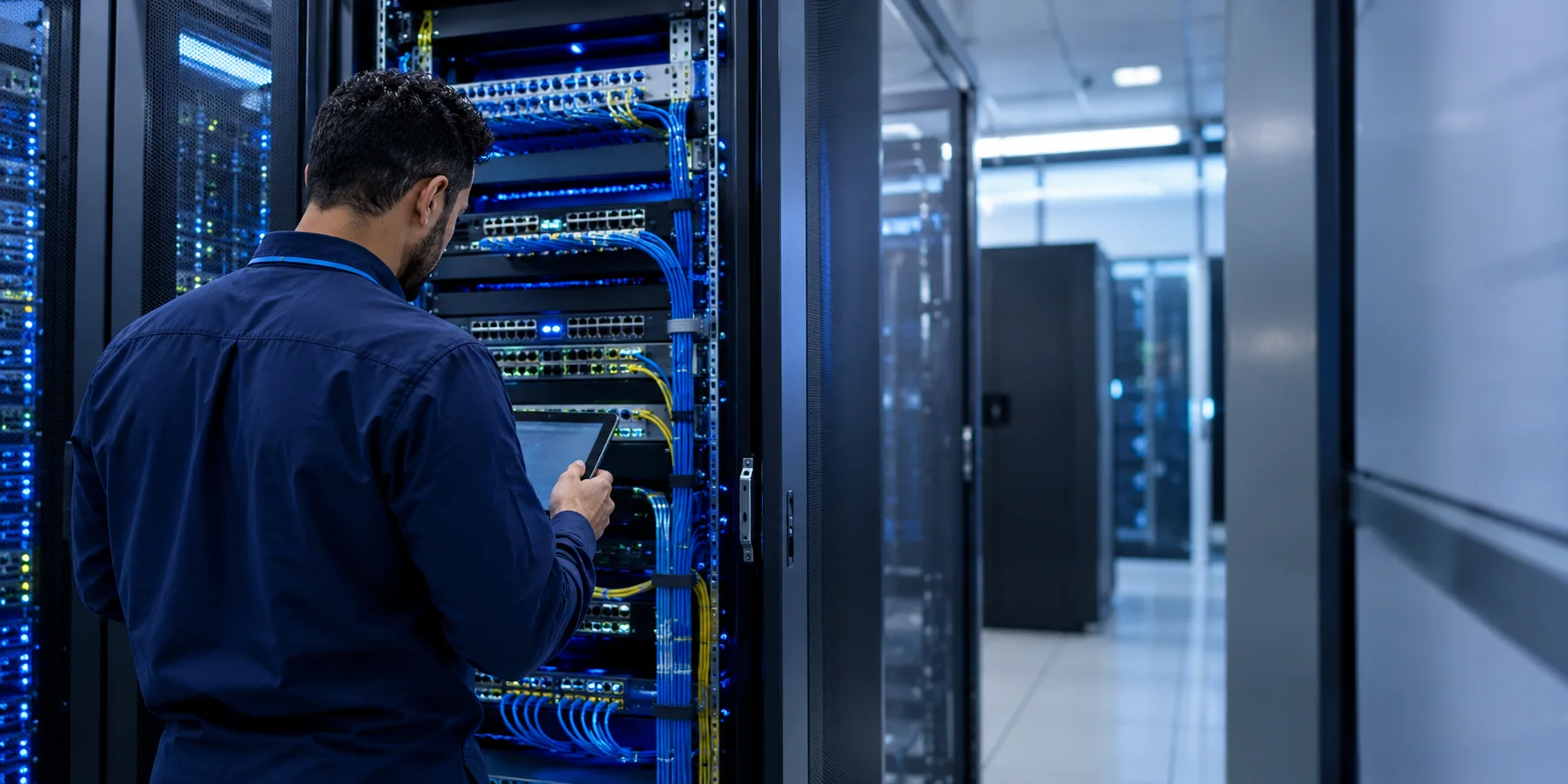 An engineer reviewing company network and server infrastructure